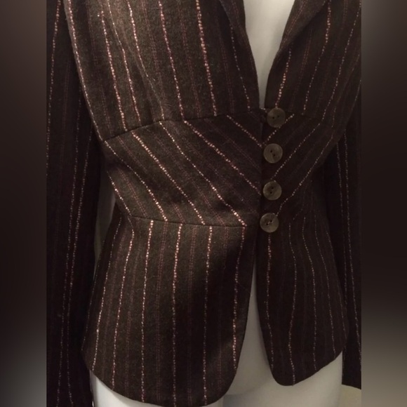 J.JILL Espresso Brown Wool Blends Blazer Pink Striped Flower Rosette Appliqué - Picture 4 of 10
